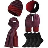 SATINIOR 6 Pcs Winter Hat Scarf Socks Touch Screen Gloves Ear Warmer Sets Women Men Fleece Lined Knit Beanies Winter Gifts(Wine Red)