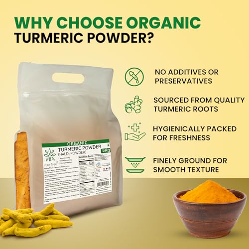 Image of Pure Tree Certified Organic Haldi Powder | 5 Kg / 5000 g | Turmeric Powder | Spice Masala Powder Raw for Milk | Strong Antioxidant