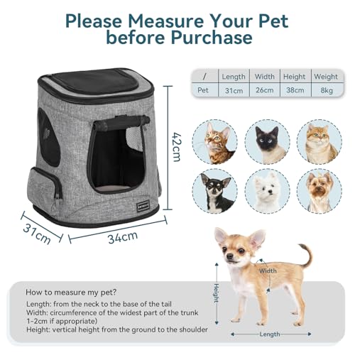 Petsfit Hunderucksack & Katzenrucksack für große Katzen bis 5kg - Leichter Katzen Rucksack mit Netzfenster, Brustgurt & Polster - Atmungsaktiver Rucksack für kleine Hunde, Grau