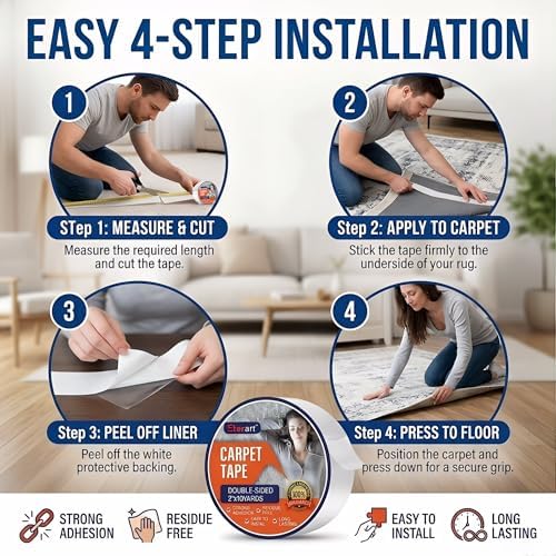 Eterart Double Sided Carpet Tape Heavy Duty for Area Rugs,Tile Hardwood Floors,Over Carpet,Rug Tape High Adhesive and Removable,Strong Sticky Tape,Indoor/Outdoor,Residue Free,2 Inches x 10 Yards,White - 2
