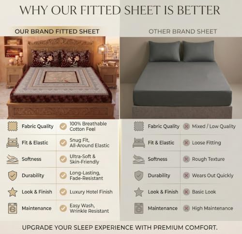 Image of VAS COLLECTIONS 240 TC Cotton King Size Fitted Bedsheet, Premium Soft Breathable Stretchable Mattress Sheet, Skin Friendly Durable Printed Bed Cover for Double Bed, 72 x 78 + 10 Inches - Deep Chestnut