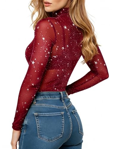 Image of MANGOPOP Women's Long Sleeve /Short Sleeve Glitter Sheer Mesh Tops T Shirt Blouse Clubwear, 1111 (Red), XXL