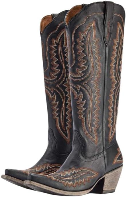 UniqueStride Women's Knee High Cowgirl Boots Western Cowboy Embroidery Chunky Heel Side Zipper Snip Toe Riding Biker Motorcycle Wide Calf Tall Boot