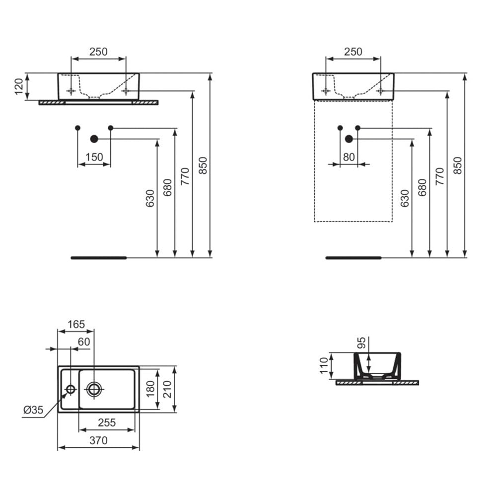 Ideal Standard I.LIFE TEMPO, Lave-mains pour Salle de bain ou Toilettes, 37 x 21 x 11 cm, Fixation Mur ou Meuble Ilife, Céramique, Percé à Gauche, Trop-Plein, Blanc, E211201