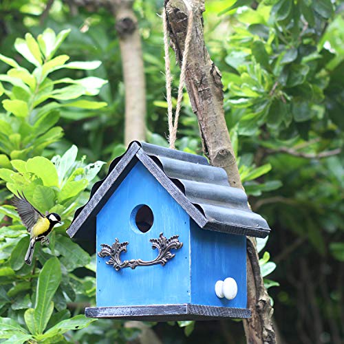 Tenforie Bird House for Outside, Resting Place for Birds, Hanging Natural Wooden Bird Nest, Bluebird House Handcrafted Hut (Blue)