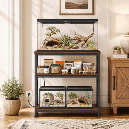 Image of Snughome Reptile Tank Stand with Charging Station, 31 inch x 15 inch Terrarium Stand with 3-Tier Open Storage Shelves, Reptile Enclosure Stand, Heavy Duty Vivarium Table for Gecko, Lizard, Bearded Dragon and Small Reptiles