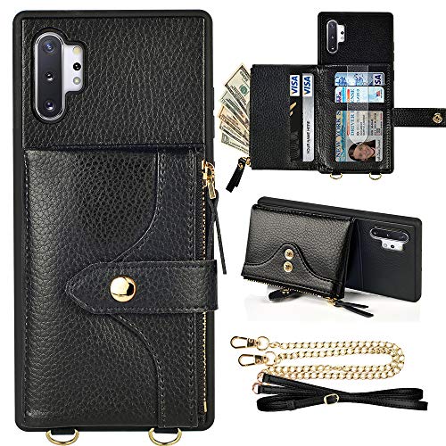 LAMEEKU Wallet Case for Samsung Galaxy Note 10 Plus, Zipper Wallet Case with Card Holder Crossbody Case with Wrist Strap Protective Case Compatible with Samsung Galaxy Note 10 Plus, 6.8 inches-Black