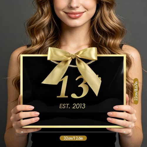 Image of JMANNI 13th Birthday Gift Bag with Card and Tissue Paper for Men Women Him, 13 inch Elegant Black Gold Anniversary Keepsake Party Present Shopping Paper Bags for Gifts Wrapping (EST.2013 /Black /Medium)