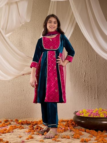 Pspeaches Girl's Silk Kurta Set (Ks-Magseqvelvet-15-16Y_Teal