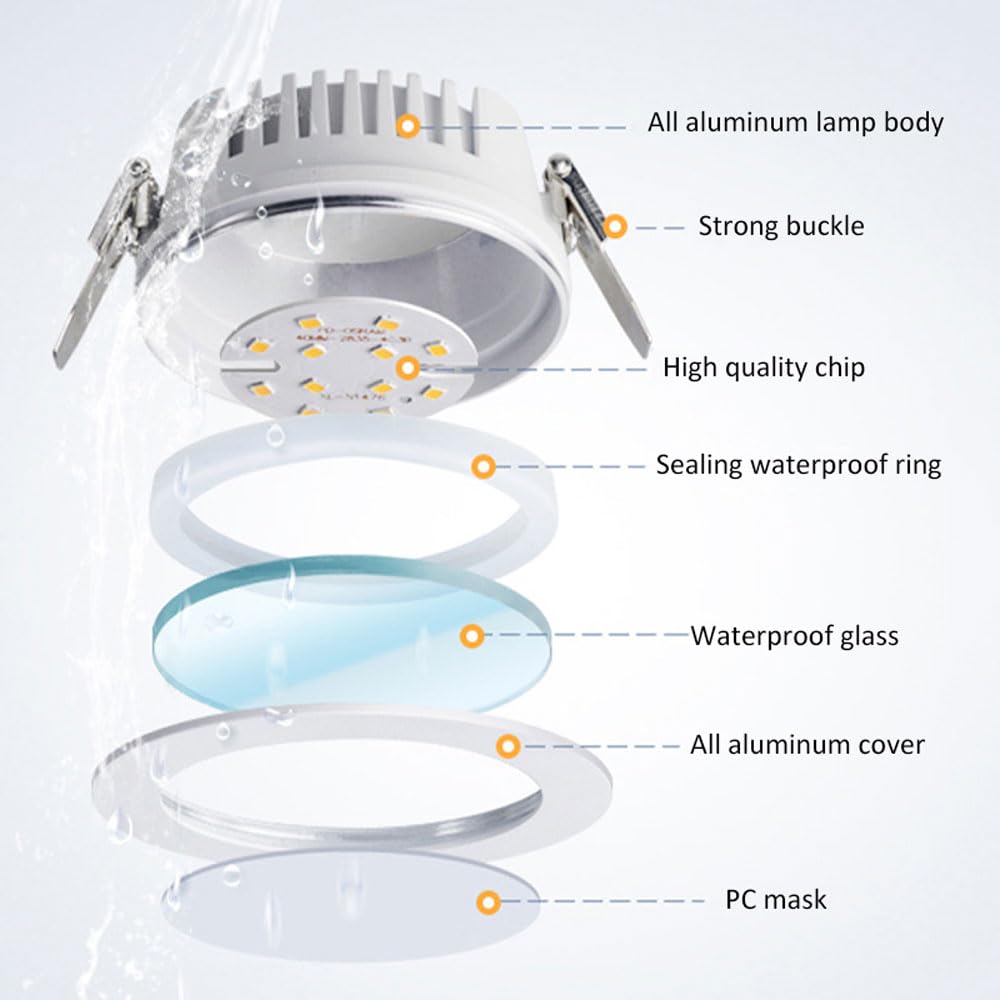 Confezione da 4 faretti LED da Incasso 7W/10W/12W, Luce Doccia Impermeabile IP65, Corpo Sottile in Alluminio, Luce da soffitto CRI 90 per Bagno, Camera da Letto, corridoio, apparec