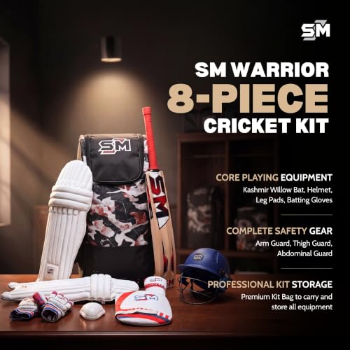 Image of SM Warrior Complete Cricket Kit for Men | Cricket Set | 8-Piece: Kashmir Willow Bat + Moulded Helmet + Calf Skin Gloves + Pads + Kit Bag + Thigh + Arm + Abdominal Guard | Mid-Range Club | Size SH