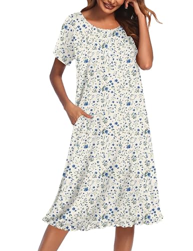 Image of Ekouaer Nightgowns for Women with Pockets Button Front Short Sleeve House Dresses Floral Print Mumu Dress