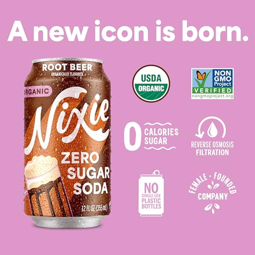 Nixie Organic Zero Sugar Soda, Root Beer, Healthy Soda Pop, Non-GMO, 0 Sugar, 0 Calories, Caffeine Free, 12oz Cans (12 Pack)