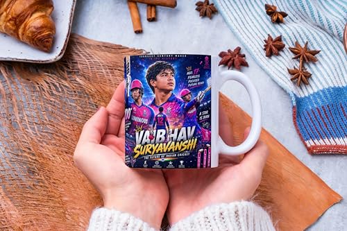 Image of Cricket Theme Coffee Mug IPL Edition - Stylish Helicopter Shot Print Cup - Gift for Cricket Fans, Boys & Friends (Vaibhav Suryanshi-1, Large)