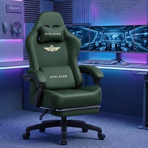 Image of GTPLAYER Big and Tall Gaming Chair 400lbs Heavy Duty Office Chair with Footrest, High Back Pocket Spring Ergonomic Computer Chair for Adults, Wide Seated Cushion with Linkage Armrests, Leather Green