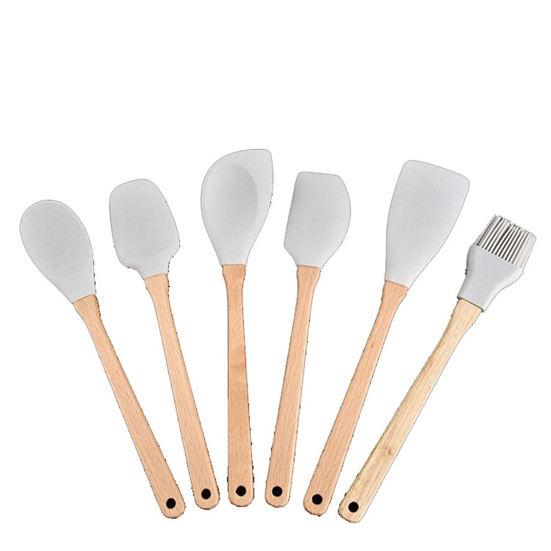 YUYAXPB Family's Silicone Spatulas, 6 Sets Silicone Kitchen Utensils Heat Resistant Silicone Kitchenware, with Wooden Handle, Best Kitchen Tool Gadgets Gift, Grey