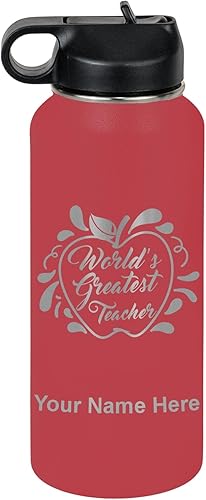 Miniatura 38 de LaserGram Botella de agua con tapa abatible de doble pared de 32 onzas con popote, el mejor maestro del mundo, grabado personalizado incluido (verde