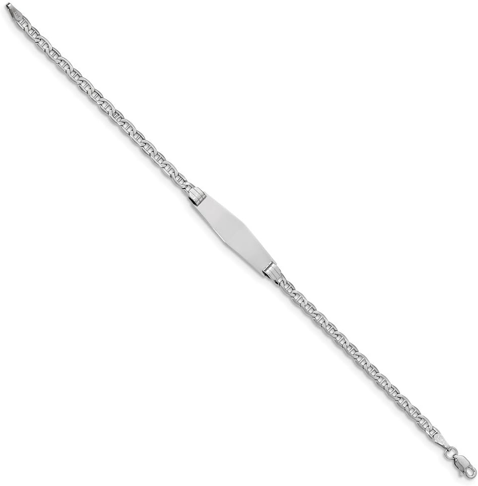 Real 14kt White Gold Soft Diamond Shape Anchor Link ID Chain Bracelet; 7 inch