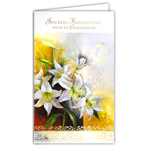 19-639 Carte avec Enveloppe Sincères Félicitations pour ta Communion Garçon Fille Chrétien(ne) Catholique Ostie Pain Vin Coupe Calice Ciboire Fleurs Lys Blancs...