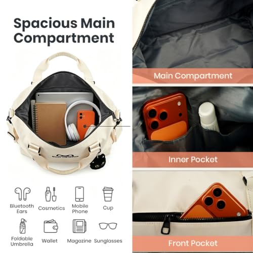 Image of PALAY Travel Bag Beige Waterproof Nylon Duffle Bag for Gym with Cat Charm | Large Capacity, Water-resistant Fabric, Letter Cat Ear Design, Removable Strap, Carry on Tote for Dance, Workout, Travelling