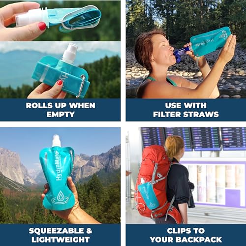 HydraMate Faltbare Trinkflasche 750ml Wiederverwendbare Faltbare Wasserflasche. Zusammenklappbare, Leichte, Flexible, Rollbare, BPA FREIE. Wasserbeutel Nachfüllbar Mit Karabinerhaken. Aqua