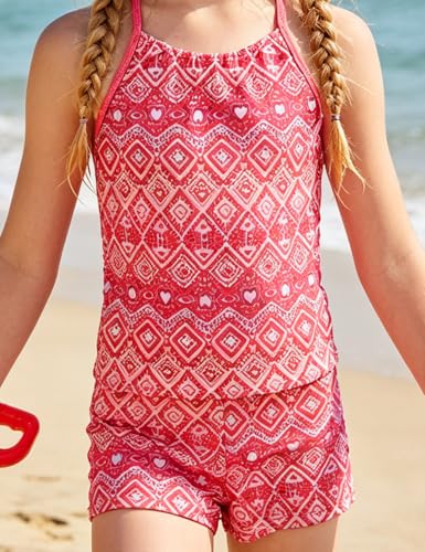 Image of PHIBEE Girls' Tankini Summer Rash Guard Bathing Suits Two Piece Cross Straps Swimsuit with Shorts 2-14 Years