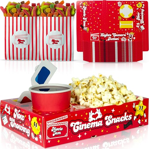 Moviejam Bandejas de aperitivos de noche de película, edición roja, 20 cajas de palomitas de maíz duraderas, 20 bolsas de dulces e invitaciones de boletos de cine gratis
