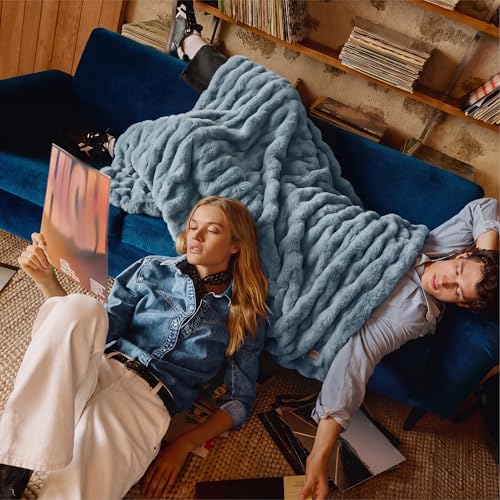 Image of Bedsure GentleSoft Fluffy Fuzzy Greyish Blue Throw Blanket, Soft Cozy Fleece Faux Fur Blanket for Couch, Blue Room Decor Coloring Bed Cover, Thick Warm Plush Birthday Gifts for Women Men Over 60