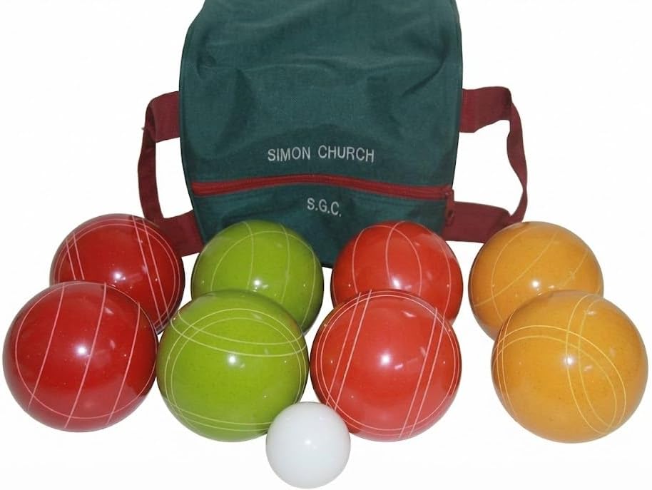BuyBocceBalls Listing - Made in USA, Premium Quality Tournament Bocce Set - 110mm, Rustic Yellow/Orange/Red/Greenballs and Engraved Green/Maroon Bag, 998 Grams (2 lbs. 3.2 oz.)
