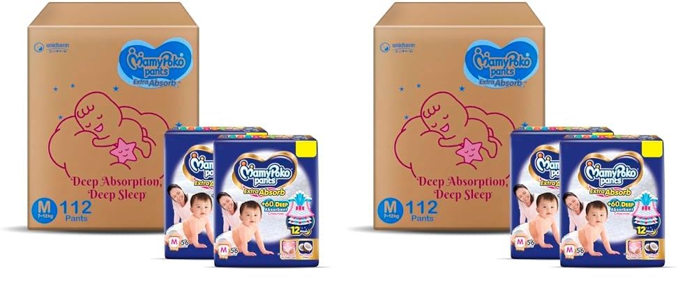 Image of MamyPoko Pants Extra Absorb Baby Diapers, Medium (M), 112 Count, 7-12 kg (Pack of 2)