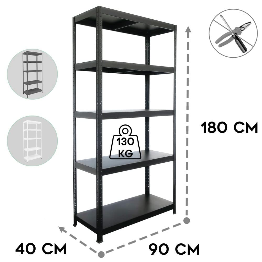 HEMMDAL Schwerlastregal - HxBxT 180 x 90 x 40 cm - Schwarz - 650 kg Tragkraft - Steckregal mit 5 Böden - 130 kg Fachlast - Made in EU - stabiles Metallregal - Einfache Montage - für Werkstatt & Lager