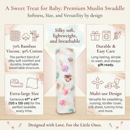 Image of Lulujo Baby Swaddle Blanket| Unisex Softest Bamboo Viscose Muslin Swaddle Blanket| Neutral Receiving Blanket for Girls & Boys 47in x 47in Ice Cream
