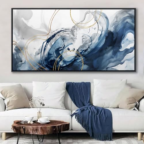 Image of Mofutinpo Blue Wall Art Framed Abstract Canvas Wall Art Blue Pictures for Living Room Wall Decoration Large Modern Office Artwork Wall Decor Graffiti Paintings for Bedroom 24x48IN