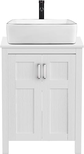 Puluomis Tocador de baño tradicional blanco de 24 pulgadas con parte superior cuadrada de cerámica blanca, cuenco de fregadero de un solo recipiente