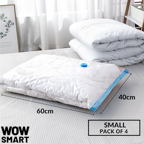 Image of WOWSMART 4 Small (40x60)cm Transparent PA+PE Vacuum Storage Bags for Clothing, Bedding, Camping with Zipper Closure, Space Saving Travel Accessories