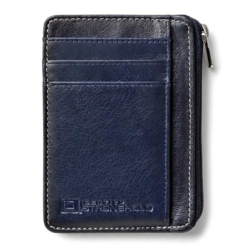 Image of ID Stronghold RFID Blocking Front Pocket Wallet - Slim Minimalist Genuine Leather Wallet with Zipper Coin Pocket (Blue)