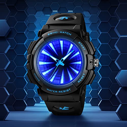Pasoy Mens Cool Blue 3D Backlight Watch Black Rubber Strap Swim Waterproof Sport Quartz Analog Future Boys Watches #TOP3