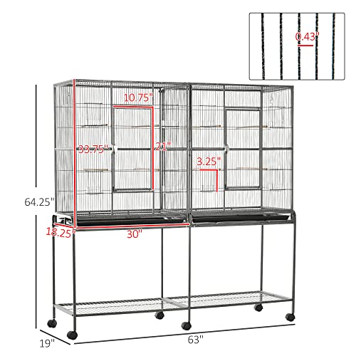 PawHut-65-Double-Rolling-Metal-Bird-Cage-Feeder-with-Detachable-Rolling-Stand-Storage-Shelf-Wood-Perch-Food-Container