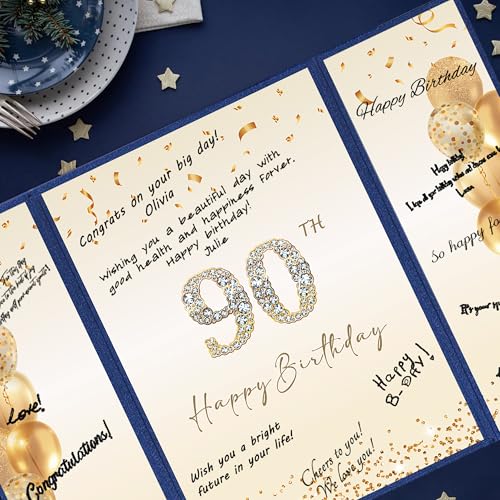 Image of DARUNAXY Blue Gold 90th Birthday Party Decorations, Blue Happy 90th Birthday Alternative Signature Guest Book for Men Women Cheers to 90 Years Old Gifts 90 Birthday Signing Card Board Party Supplies