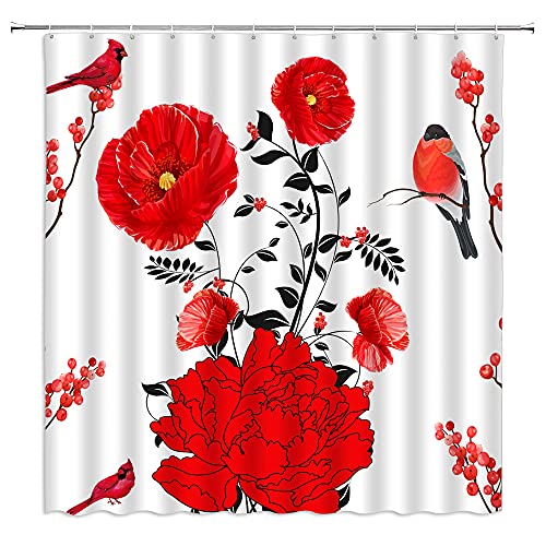 Vintage Poppy Shower Curtain Red Flower Bird Poppy Floral Abstract Country Watercolor Retro Plant Rustic Farmhouse Spring Wild Nature Botanical Home Decor Fabric Bathroom Curtain with Hooks