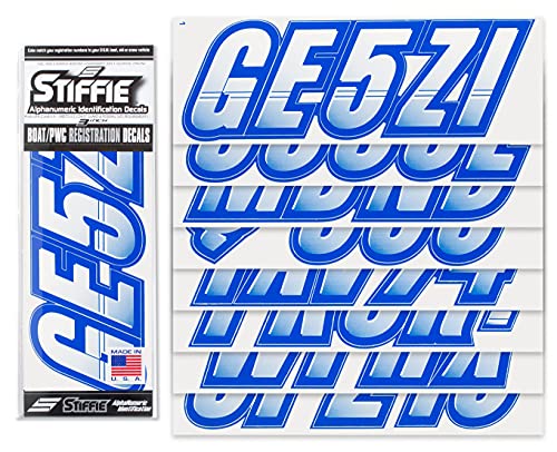Image of STIFFIE Techtron White /Blue 3 inch Alpha-Numeric Registration Identification Numbers Stickers Decals for Boats & Personal Watercraft