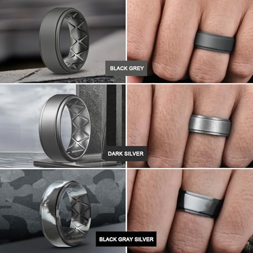 Egnaro Silicone Wedding Rings Mens, Inner Arc Breathable Design Silicone Rings for Men, 7 Rings / 4 Rings / 1 Ring Step Edge Rubber Wedding Engagement Bands Comfort for Workout, 8mm Wide-2mm Thick3