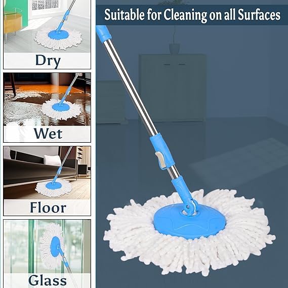 Image of Spin Mop Stick Rod with Microfiber Refill, Adjustable Long Metal Handle, Easy Grip, for Wet Floor Household Industrial Cleaning