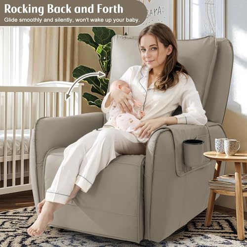 Image of Power Recliner Gliders for Nursery, Electric Swivel Rocker Recliner Chair, Comfy Upholstered Living Room Reclining Rocking Chairs with Lumbar Support (Khaki, 41 inch X 40 inch X 36 inch)