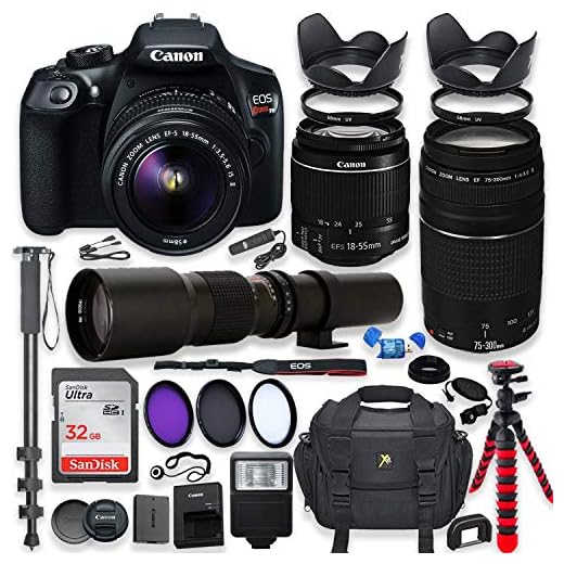 Canon EOS Rebel T6 DSLR Camera with 18-55mm is II Lens Bundle + Canon EF 75-300mm f/4-5.6 III Lens and 500mm Preset Lens + 32GB Memory + Filters + Monopod + Spider Tripod + Professional Bundle