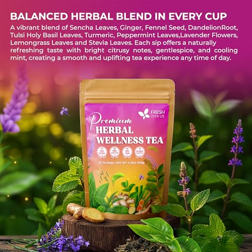 Image of FreshDrinkUS, Premium Herbal Wellness Tea Bags | 75 Count | Blend of Sencha, Ginger, Fennel, Dandelion, Tulsi, Turmeric, Peppermint, Lavender, Lemongrass & Stevia - Herbal Tea. Vegan