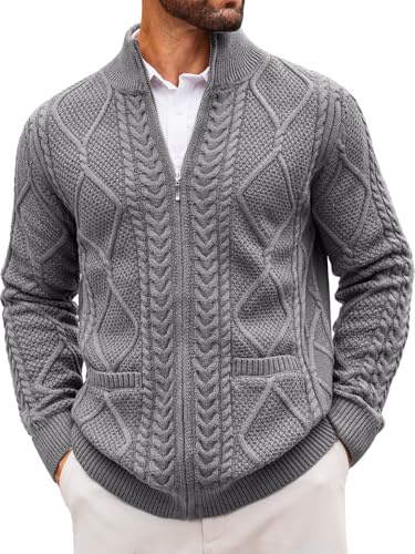 Runcati Mens Full Zip Cardigan Sweater Casual Cable Knitted Mock Neck Ribbed Winter Sweaters