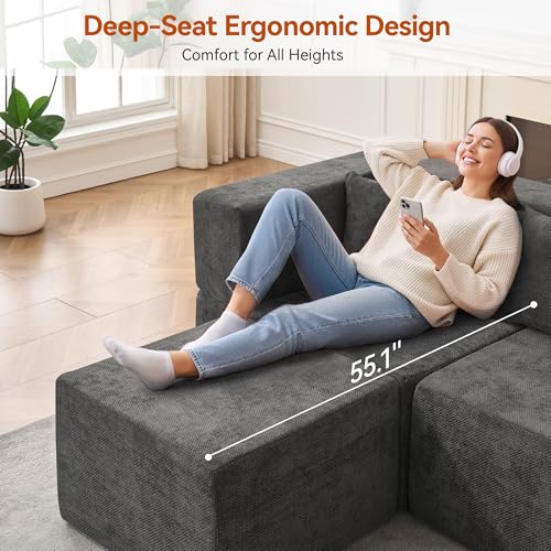 Image of MONVANE 103'' Modular Sectional Sofa, Comfy Chenille Cloud Couch with Ottoman, Modern Convertible L Shaped Couch with Deep Seat, Sectional Couches for Living Room, Bedroom and Apartment, Grey
