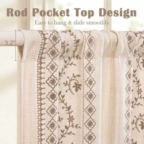 Image of Yinhua Boho Kitchen Curtains 36 Inch Length Brown Embroidered Floral Cafe Curtains, Farmhouse Light Filtering Kitchen Window Curtain Rod Pocket Short Tier Curtains for Windows, 26 inch W x 36 inch L, 2 Panels