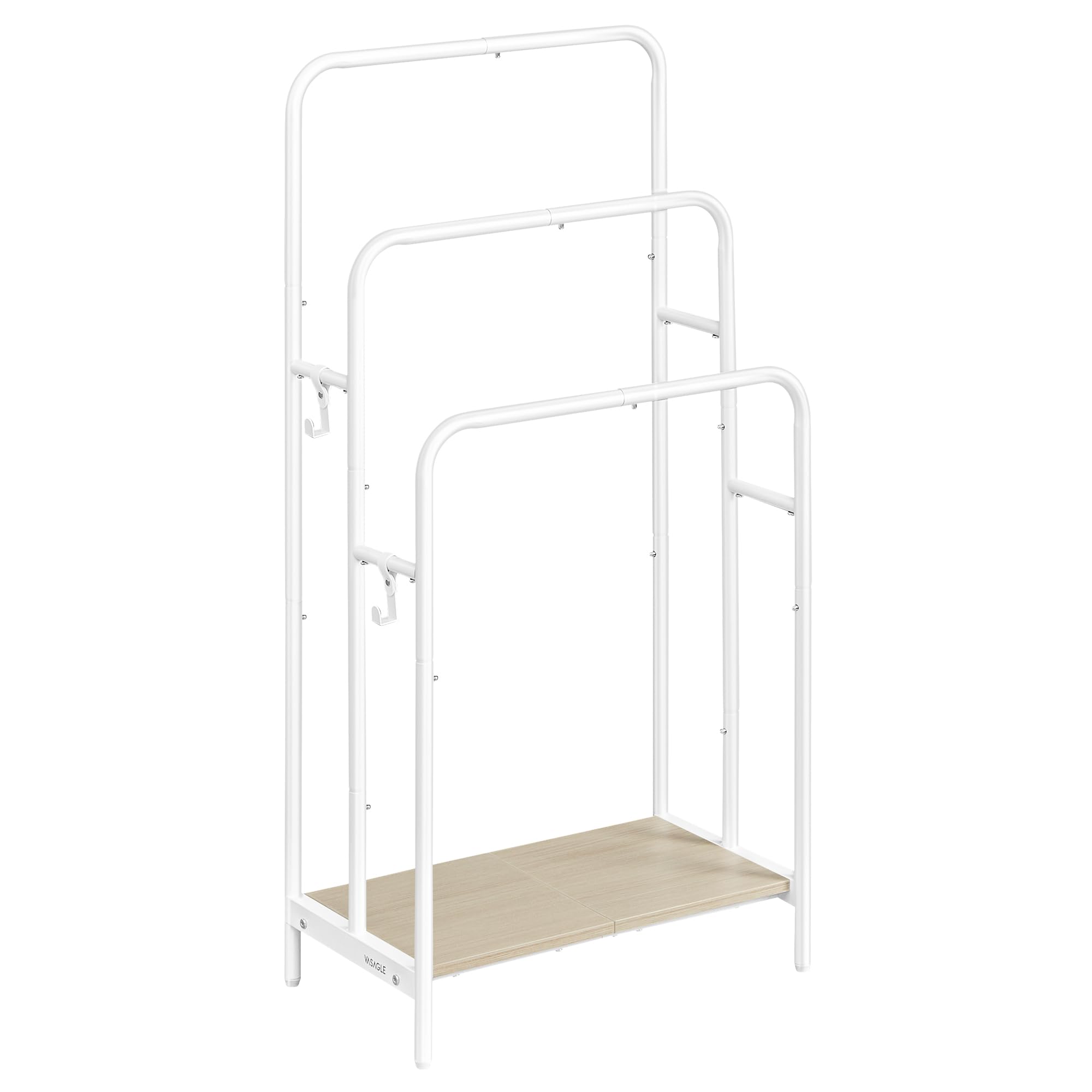 VASAGLE Portasciugamani da Terra, Porta Asciugamani a 3 Aste, 50 x 30 x 100 cm, 2 Ganci, Ripiano Portaoggetti, Scaffale per Coperta, Teli Bagno, Bianco Nuvola e Beige Naturale LLS009W01